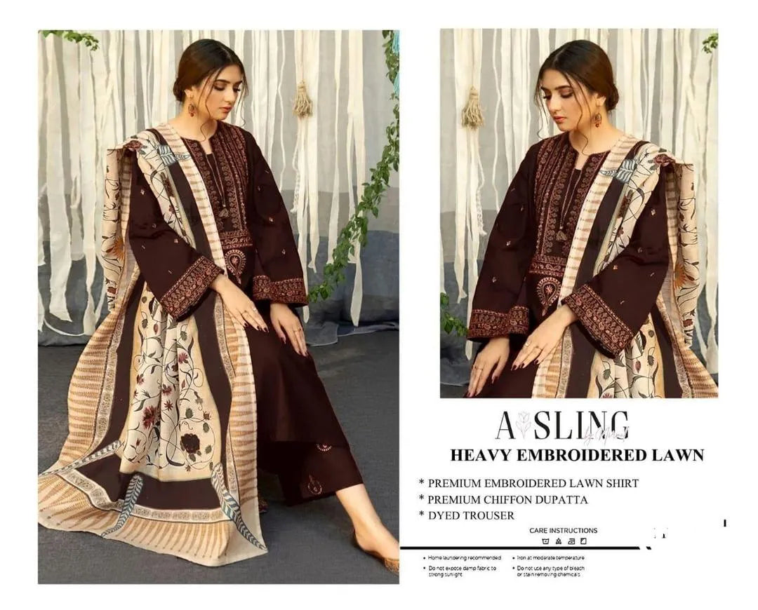 Brown Embroidered Lawn 3Pcs Suit for Women