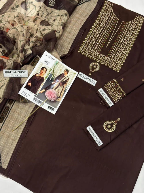 Brown Embroidered Lawn 3Pcs Suit for Women