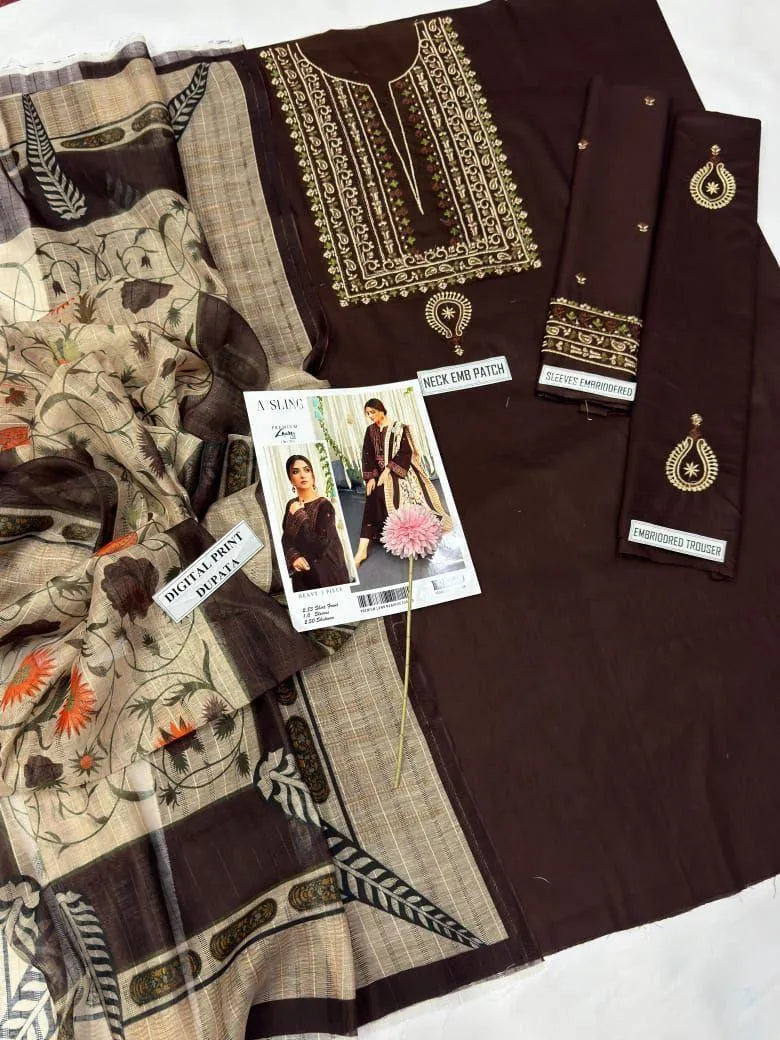 Brown Embroidered Lawn 3Pcs Suit for Women
