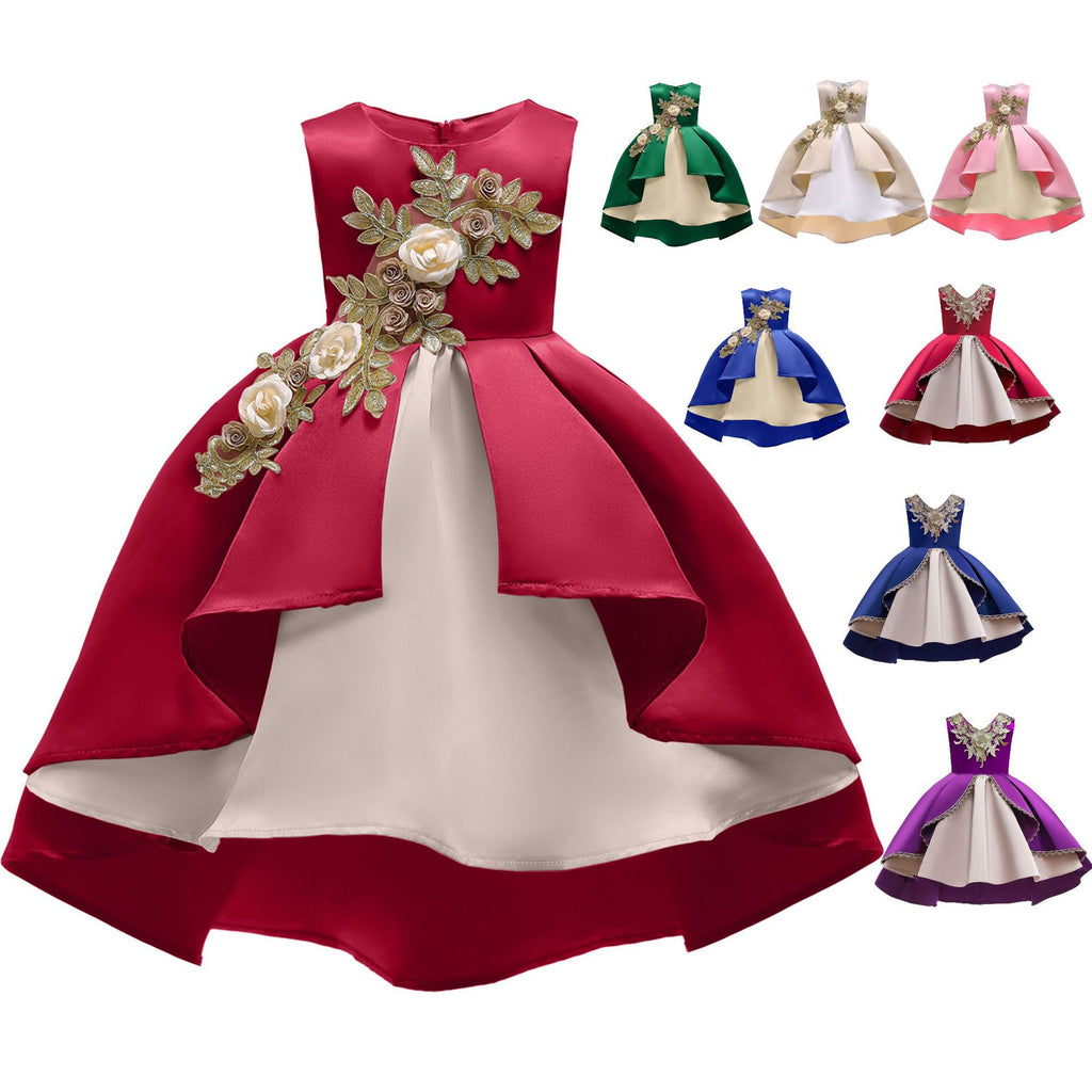 Princess Dress Red Satin Embroidered for Girls